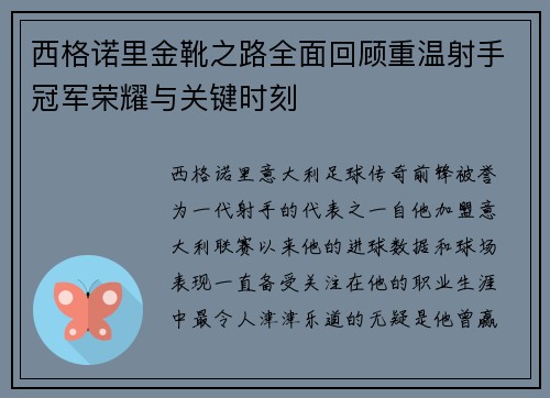 西格诺里金靴之路全面回顾重温射手冠军荣耀与关键时刻