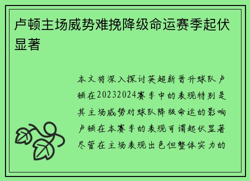 卢顿主场威势难挽降级命运赛季起伏显著