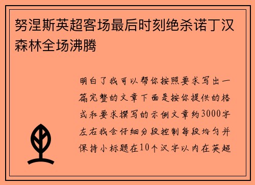 努涅斯英超客场最后时刻绝杀诺丁汉森林全场沸腾