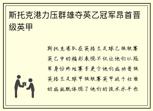 斯托克港力压群雄夺英乙冠军昂首晋级英甲