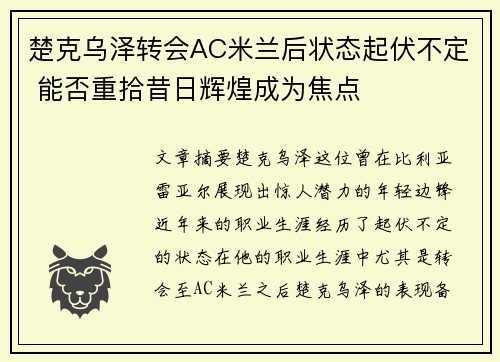 楚克乌泽转会AC米兰后状态起伏不定 能否重拾昔日辉煌成为焦点